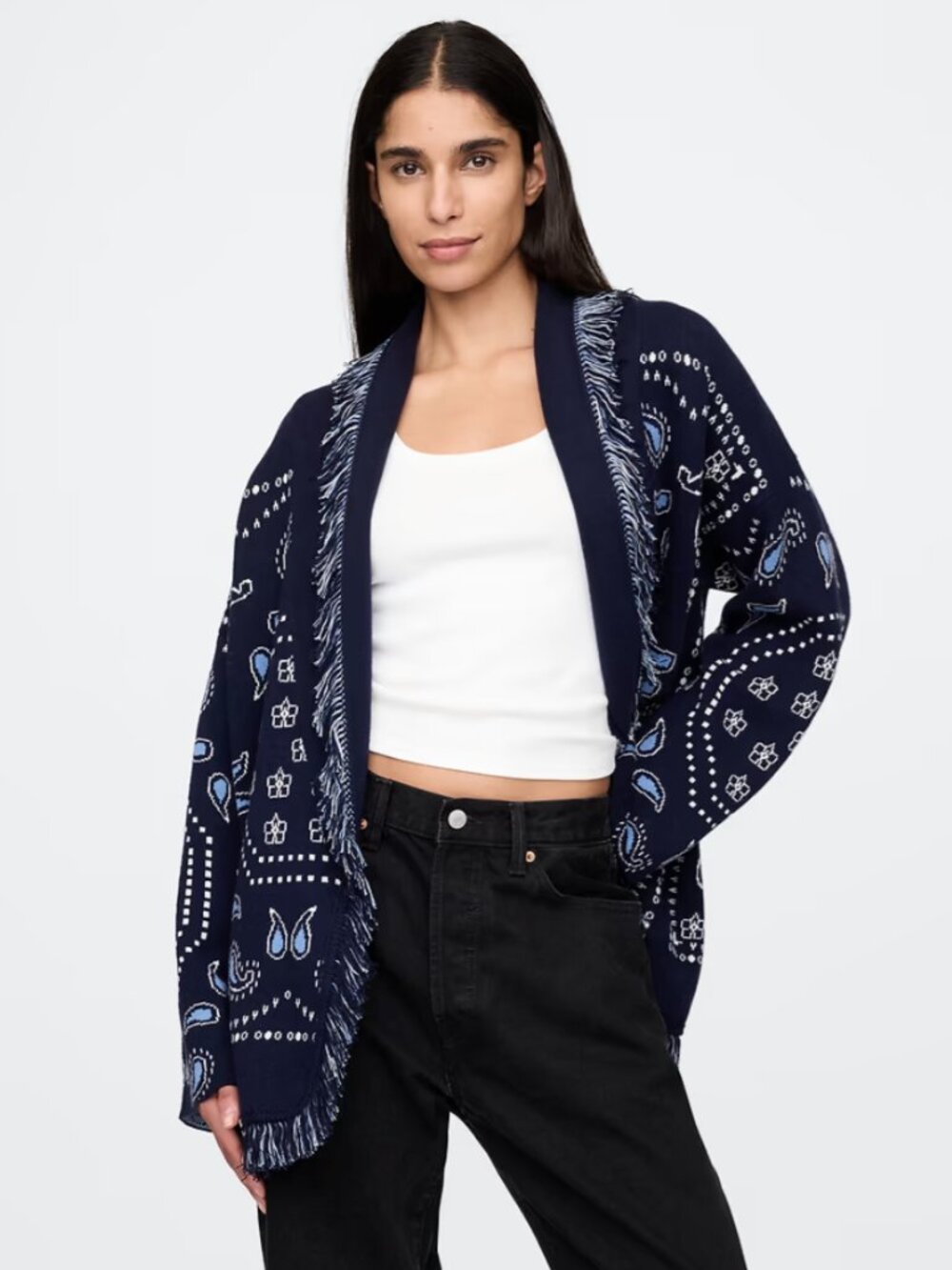 Cotton-Blend Fringe Shawl Cardigan — XS/S